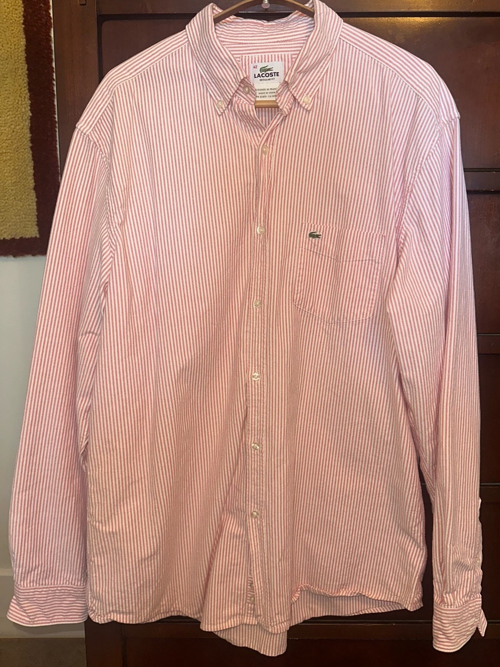 Lacoste Oxford Button Down Pink White Stripe Mens Size 42 Large